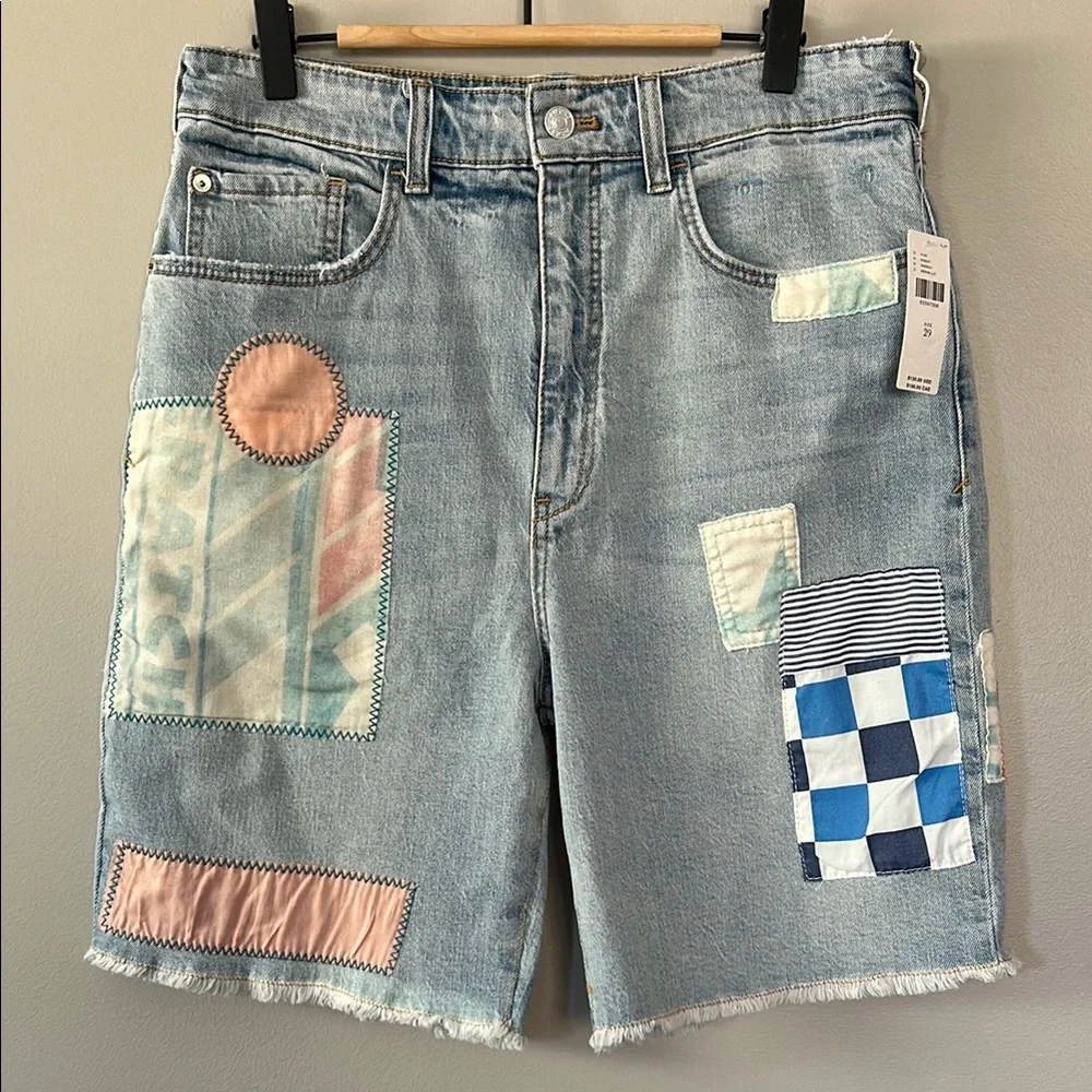 Anthropologie Pilcro Ultra HR Patchwork‎ Light Denim Bermuda Shorts 29 Retro